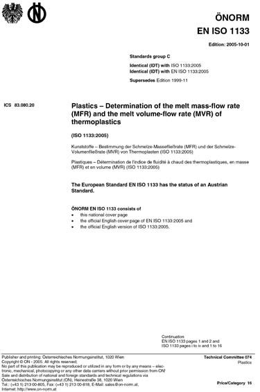 ONORM EN ISO 1133 2005 Plastics Determination Of The Melt Mass Flow