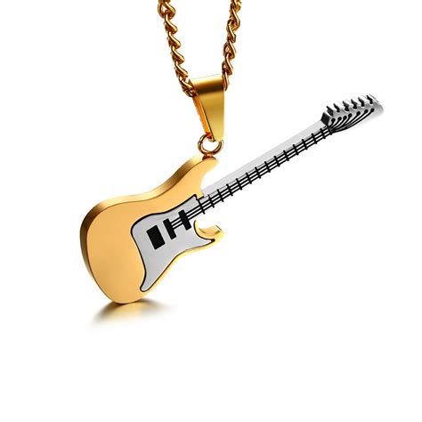 Men S Guitar Music Stainless Steel Necklace Pendant With Chain Gold