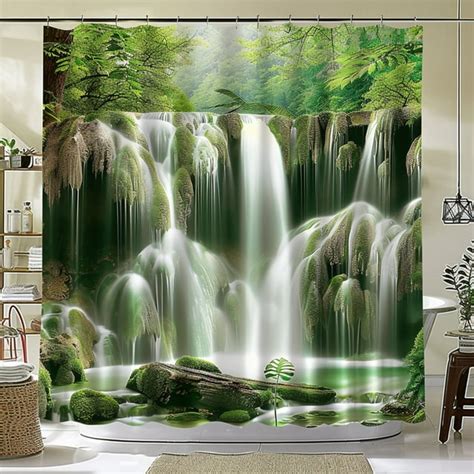 Hyper Realistic Waterfall In Green Forest Shower Curtain Nature