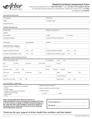 Fillable Online Obstetrical Needs Assessment Form Providers Arbor