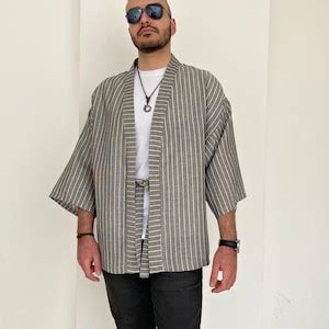 Men S Haori Kimono Jacket Lightweight Cotton Striped Noragi