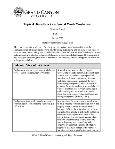 Soc Rs T Roadblocks Social Work Worksheet Topic Roadblocks In