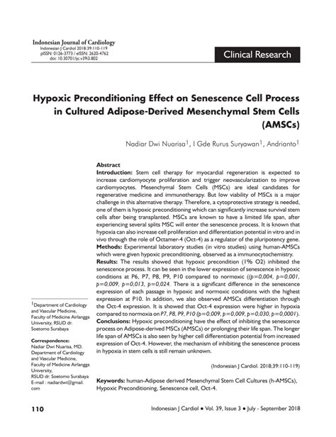 Pdf The Hypoxic Preconditioning Effect On Senescence Cell Process In