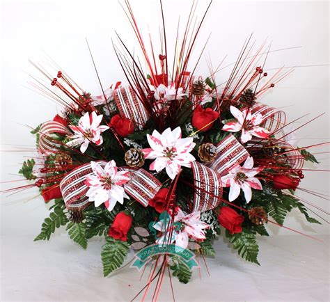 Beautiful Xl Christmas Peppermint Poinsettias Cemetery Tombstone Saddle