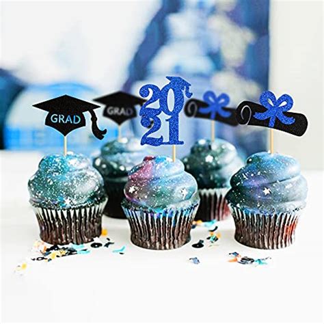 Ercadio 24 Pack 2021 Graduation Cupcake Toppers With Glitter Grad Cap