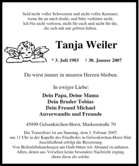 Traueranzeigen Von Tanja Weiler Trauer In NRW De