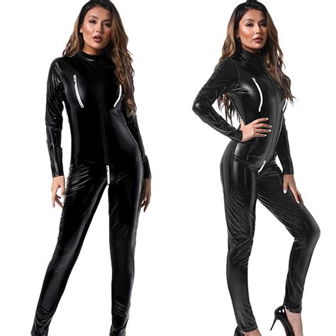 Wet Look Pvc Catsuit Long Sleeve Zipper Open Crotch Bodysuit Shiny Pu