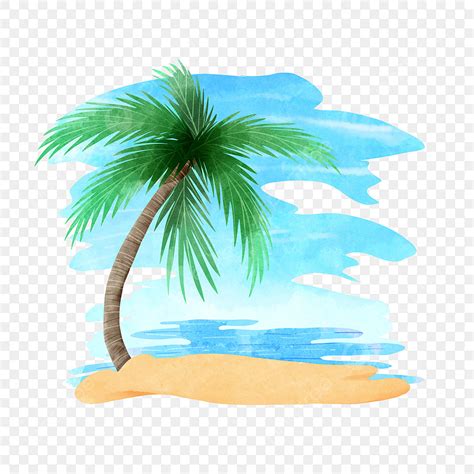 Palm Tree Beach White Transparent, Watercolor Palm Tree Beach Beach ...