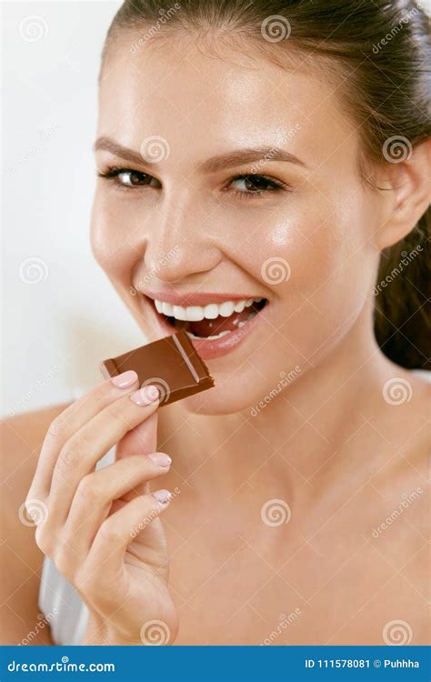 Woman Eating Chocolate Beautiful Girl With Sweets Stock Image Image