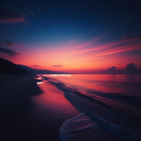 Premium Photo | A sunset with a beach and a beach with a wave in the water