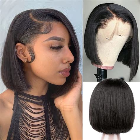 Akcswo Bob Wig Human Hair 13x4 150% Density Frontal Bob Wig Black Bob ...