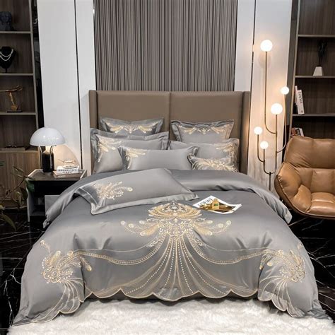 Luxury Gold Feather Embroidery Egyptian Cotton Duvet Cover Bed Sheet