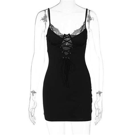 Lace Up Hollow Out Lace Hem Low Cut Cami Mini Dress Black M Mini Cami Dress Bodycon Mini