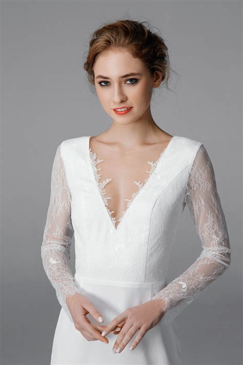 V Neck Wedding Dress Long Sleeve Wedding Dress Romantic Etsy