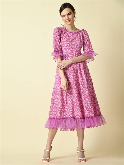 Buy Dressberry Ethnic Motifs Print Bell Sleeve Ruffled A Line Midi