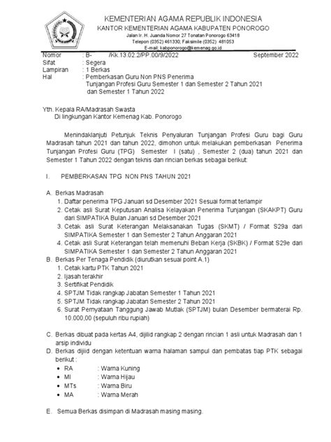 Edaran Pemberkasan Tpg Semester1 2 Tahun 2021 Onproses Pdf