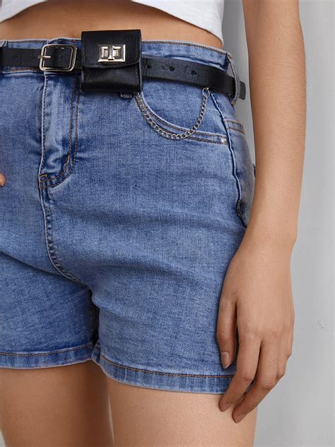 Emmiol Free Shipping 2025 Buckle Belt Denim Shorts Blue XL In Denim