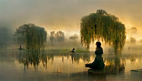 Prompthunt Woman Sitting In Meditation Posture Under A Large Weeping