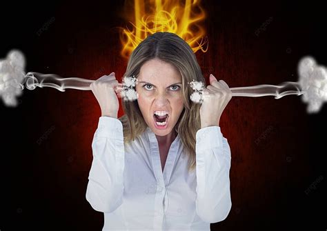 Furious Young Woman Yelling With Steam Emitting From Ears And Flames Aglow On Head Against A ...