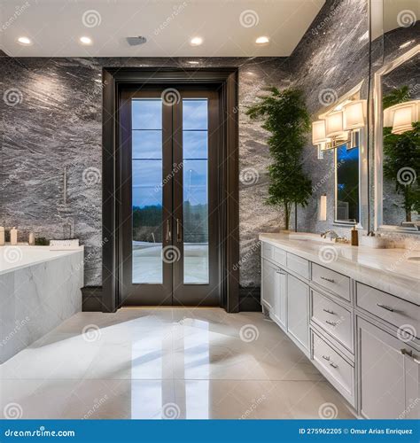 A Luxurious Master Bathroom With A Double Vanity Marble Tile And A