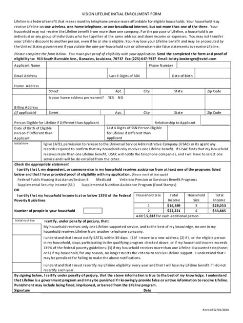 Fillable Online Forms Vision Lifeline Initial Enrollment Docx