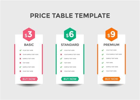 Plantilla de tabla de precios de productos Comparación de precios de