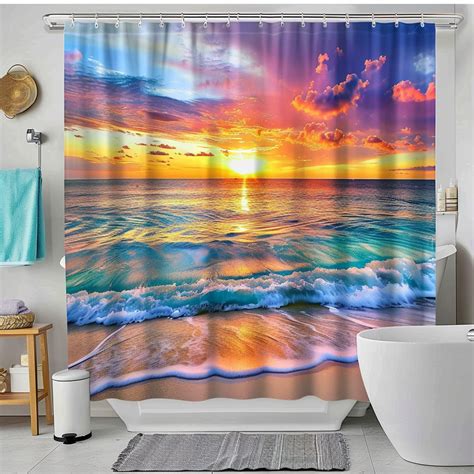 Vibrant Beach Sunset Shower Curtain Photorealistic Ocean Scene Bathroom