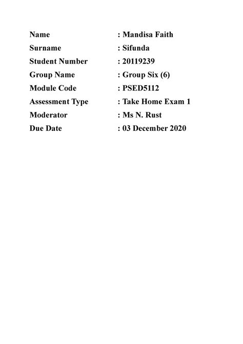 Psed5112 Take Home Exam 1 Name Mandisa Faith Surname Sifunda