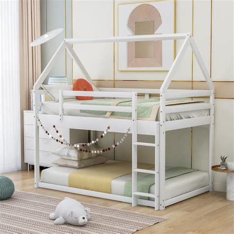 Harper Bright Designs White Twin Over Twin Wood House Bunk Bed With