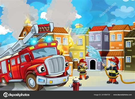 Cartoon Stage Fireman Fire Truck Burning Building Colorful Scene ...