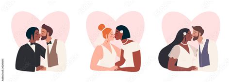 Vector Illustration Of Kissing Just Married Wedding Of Homosexual And Heterosexual Interracial