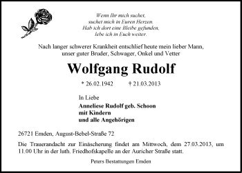 Traueranzeigen Von Wolfgang Rudolf Nordwest Trauer De