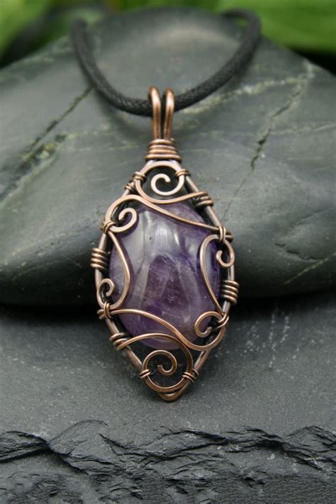 Copper Wire Scrolled Pendant Purple Amethyst Wire Wrapped Pendant