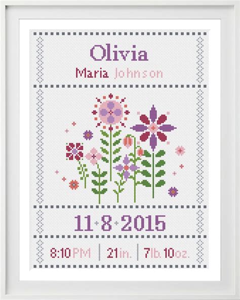 Cross Stitch Baby Birth Sampler Birth Announcement Flowers Etsy