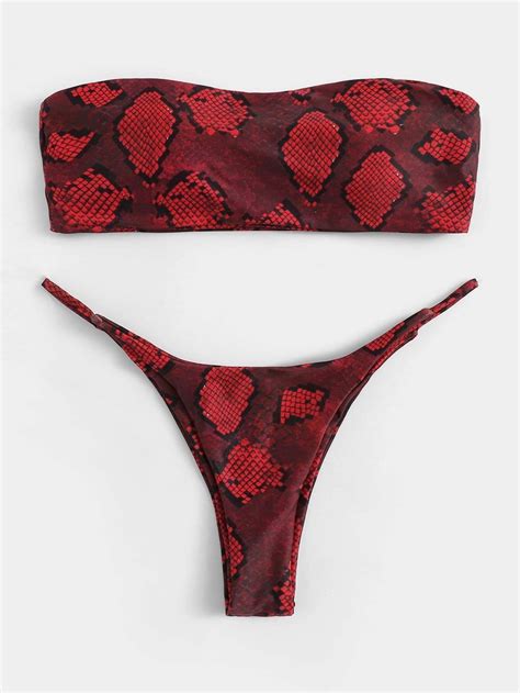 Dark Red Snakeskin Print Bandeau Swimsuit With High Leg Bikini Bottom