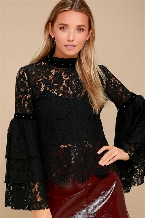 Sexy Black Lace Top Sheer Top Bell Sleeve Top Lulus