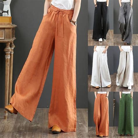 Women Vintage Causals Cotton Linen High Waist Pants Mopping Straight