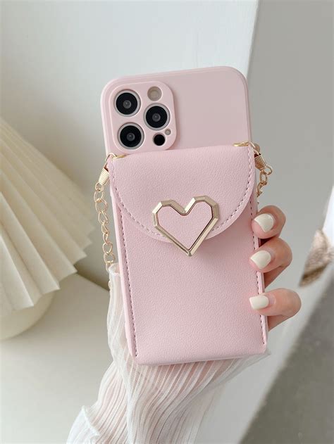 Heart Button Chain Detail Wallet Case Compatible With IPhone Bling