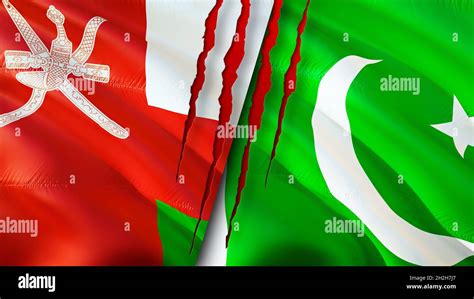 Oman And Pakistan Flags With Scar Concept Waving Flag3d Rendering