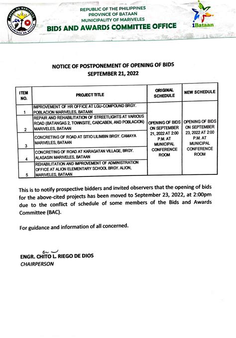 SUPPLEMENTAL BID BULLETIN FOR NOTICE OF POSTPONEMENT OF OPENING OF BIDS