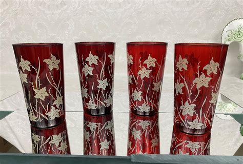 Vintage Mid Century Barware Set Of 4 Ruby Red Juice Glasses Etsy