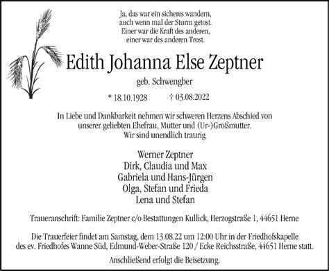 Traueranzeigen Von Edith Johanna Else Zeptner Trauer In Nrw De