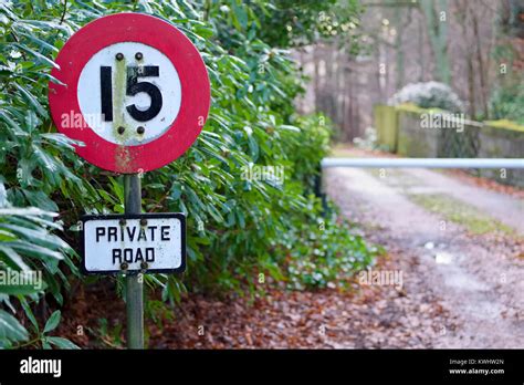 Vintage retro road sign historical private road in rural countryside ...