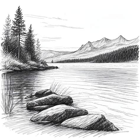 Premium Vector Lake Vector Monochrome Sketch Drawing Black And White