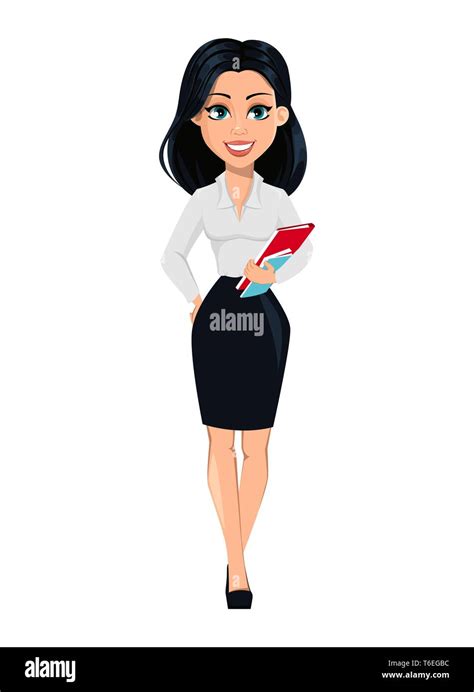 Concept Of Modern Young Business Woman Cartoon Character Businesswoman Holds Folder And