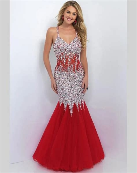 Red Sparkly Long Mermaid Prom Dresses Kleider Sexy Tulle Bling Women