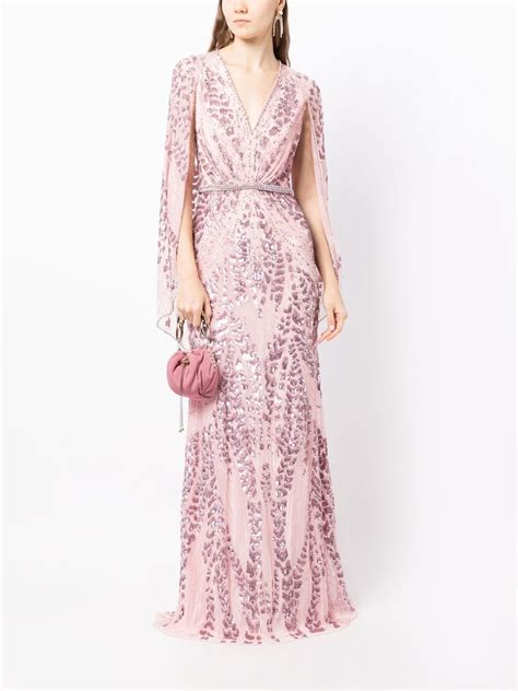 Jenny Packham Sequin Embellished V Neck Cape Gown In Pink ModeSens