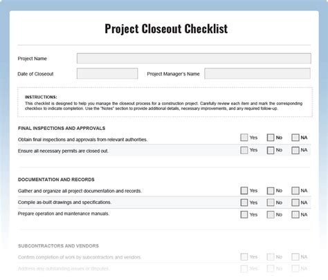 Project Closeout Checklist Download Free Pdf