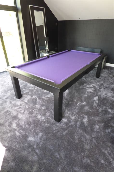 8ft American Modern Pool Table in our black oak (#E4) finish with a Simonis Purple cloth. # ...