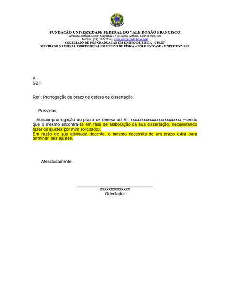 Carta De Prorrogação De Prazo Modelo Pdf